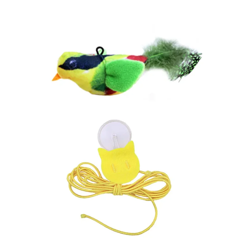 A yellow and green bird-shaped toy with a fluffy tail attached to a yellow light bulb and wire.