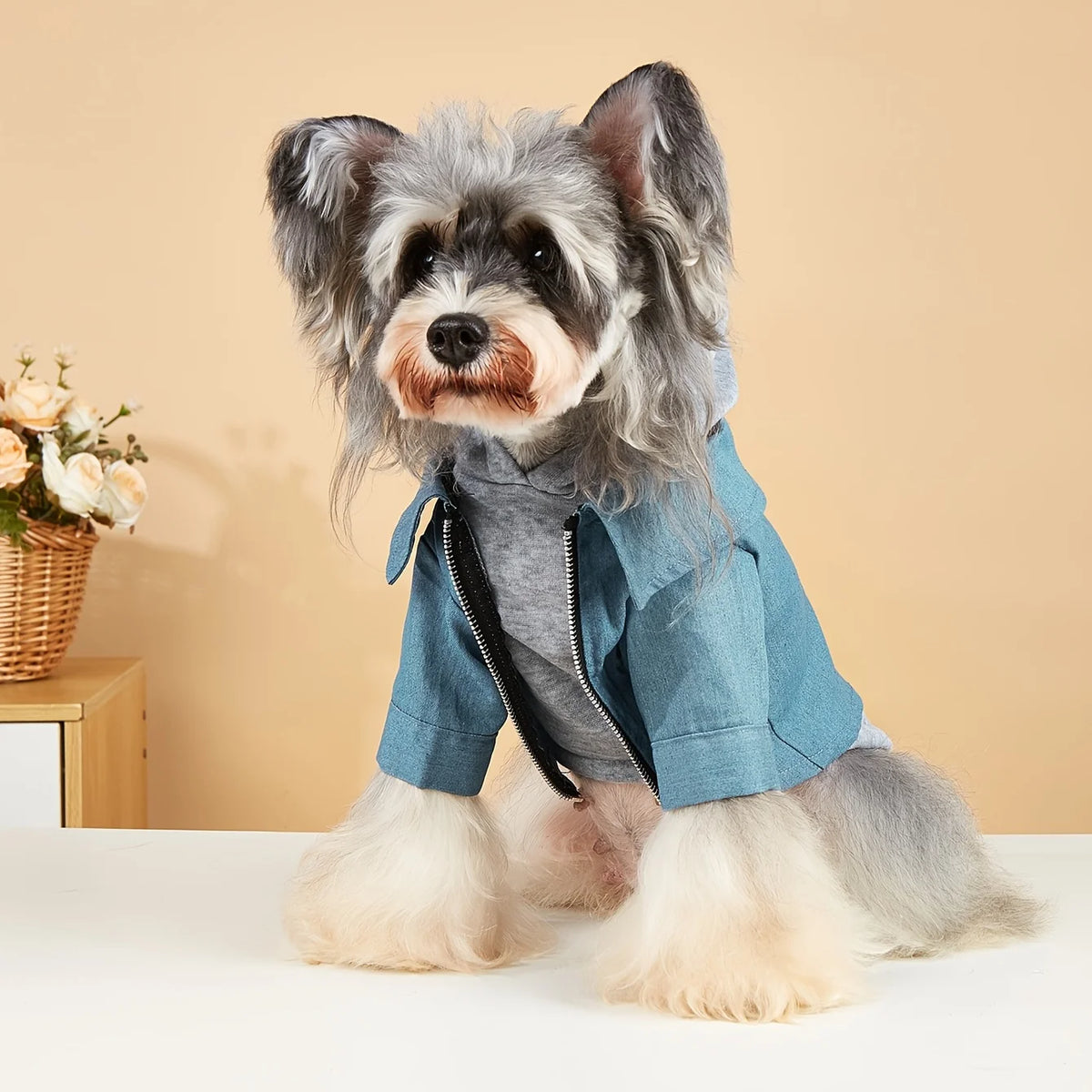 Ein flauschiger grau-weißer Hund trägt einen blauen Jeans-Hoodie.