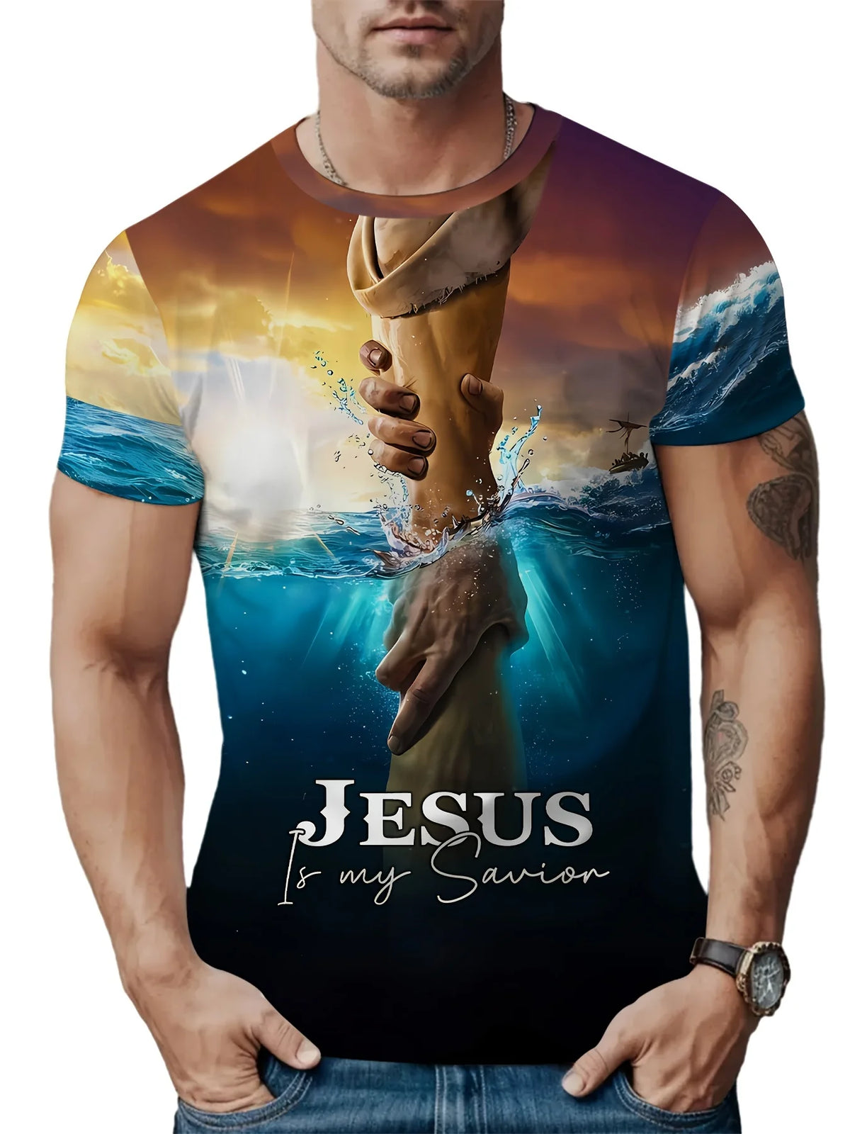 Faith-Inspired Graphic Crew Neck Tee for Men