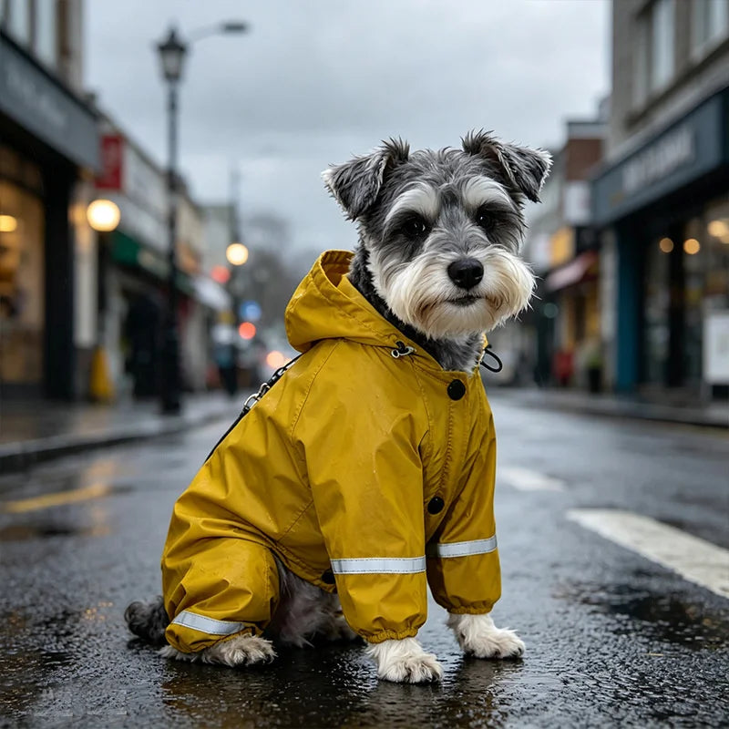 A small, gray and white dog wearing a yellow insulated hooded raincoat with reflective strips walking on wet pavement.