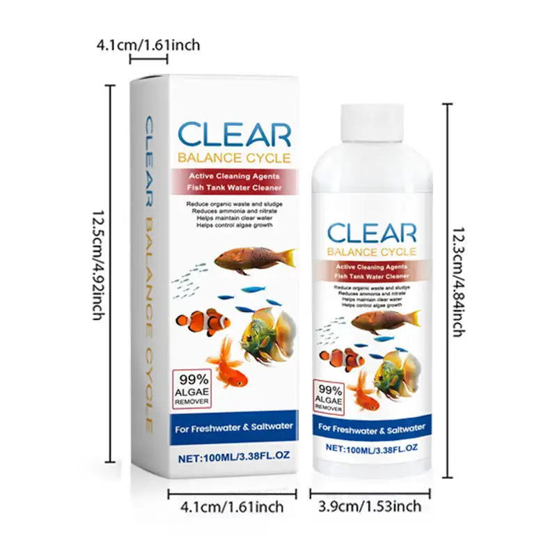 Clear Balance Cycle product showing two bottles of fish tank water cleaner for algae control