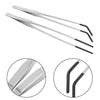 A pair of stainless steel aquarium feeding tweezers shown in a spread and close-up view.