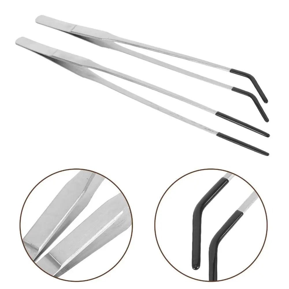 A pair of stainless steel aquarium feeding tweezers shown in a spread and close-up view.