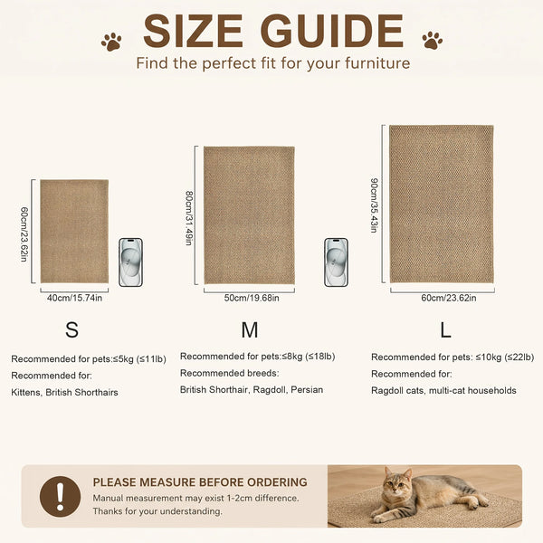 Size guide showing dimensions for small, medium, and large faux sisal cat scratching mats.