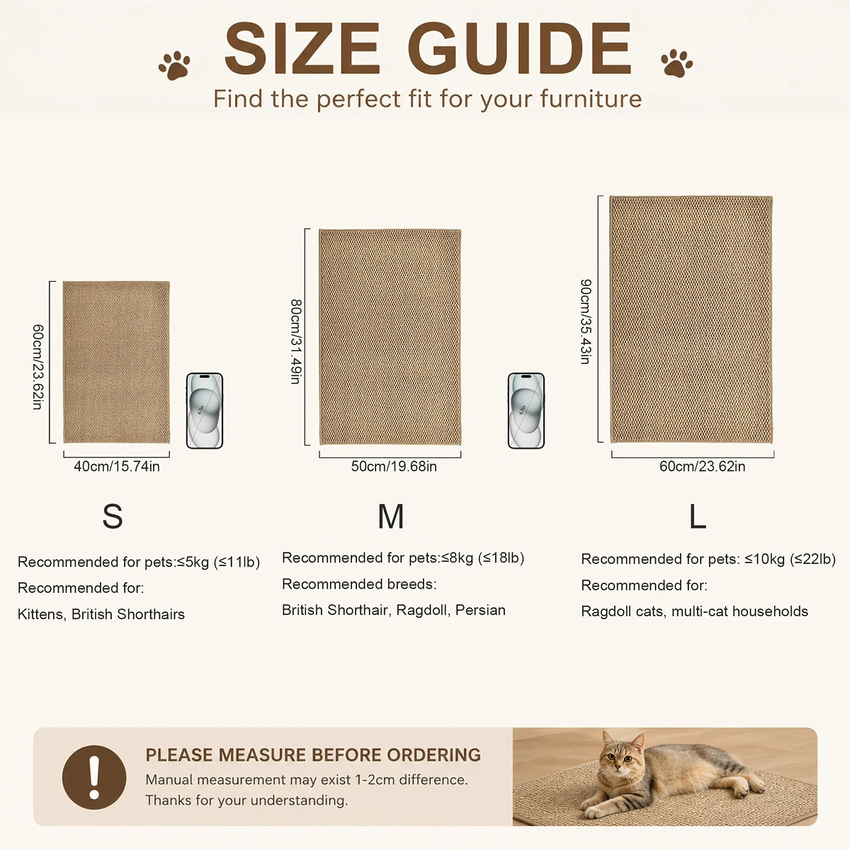 Size guide showing dimensions for small, medium, and large faux sisal cat scratching mats.