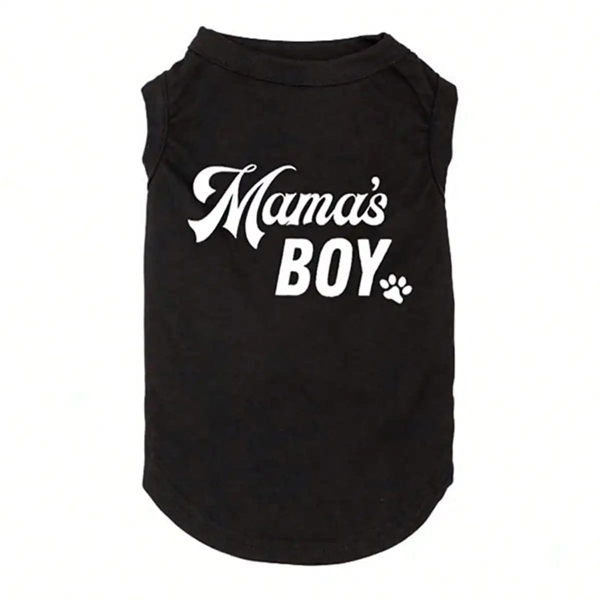 Black pet vest for dogs and cats with white text reading Mama's Boy