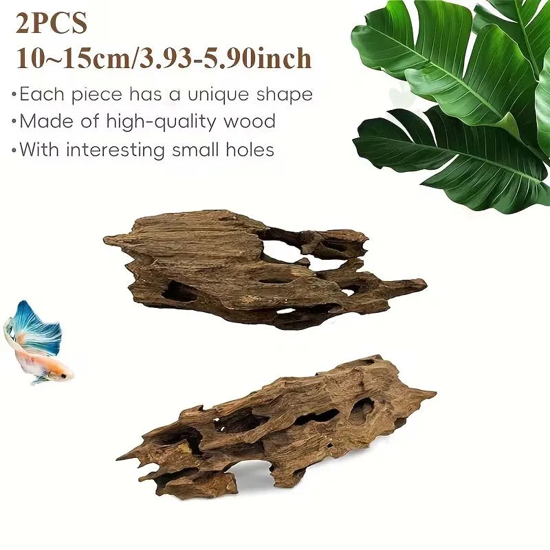 Two pieces of natural wood driftwood for an aquarium, featuring unique shapes and small holes.