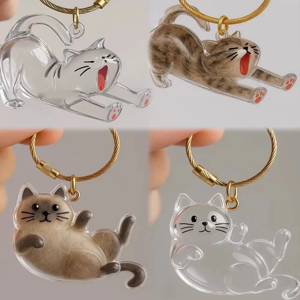 Eine Sammlung transparenter und fester Katzen-Anhänger als Schlüsselanhänger in verschiedenen Posen.