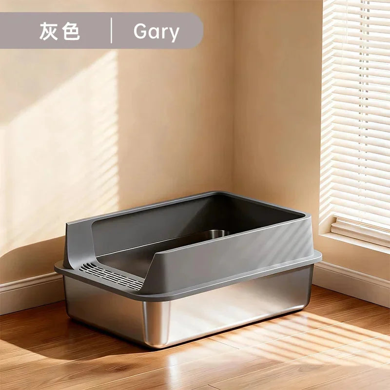 Extra-Large Stainless Steel Cat Litter Box with Splash-Proof Rim