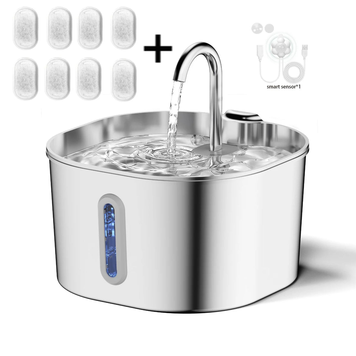 Edelstahl-Haustier-Wasserbrunnen mit Wasserhahn und Sensor für automatische Funktion.