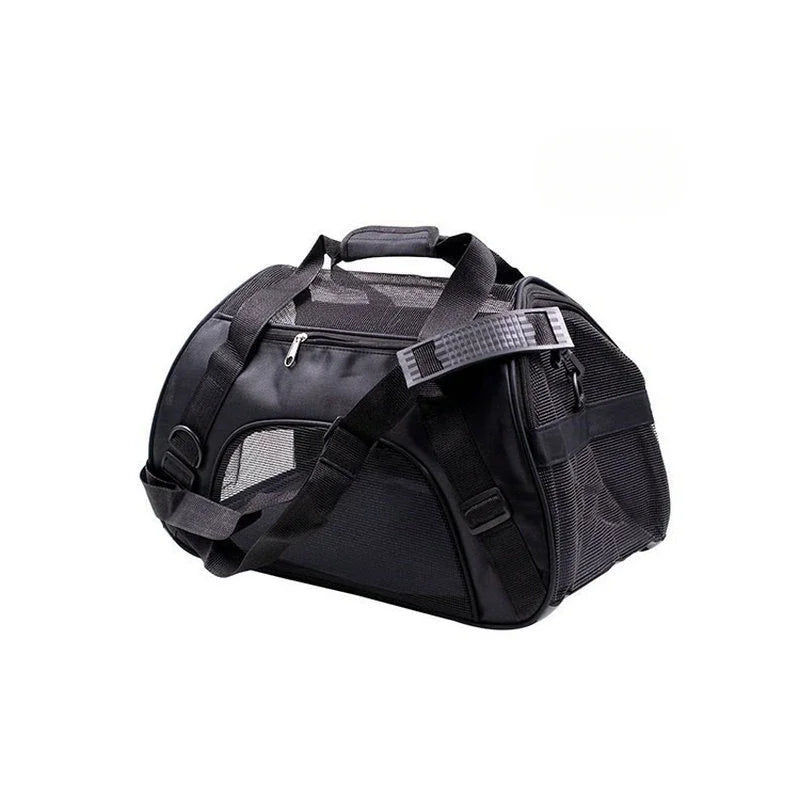 Black portable foldable pet carrier for cats, dogs, and puppies with a handle.