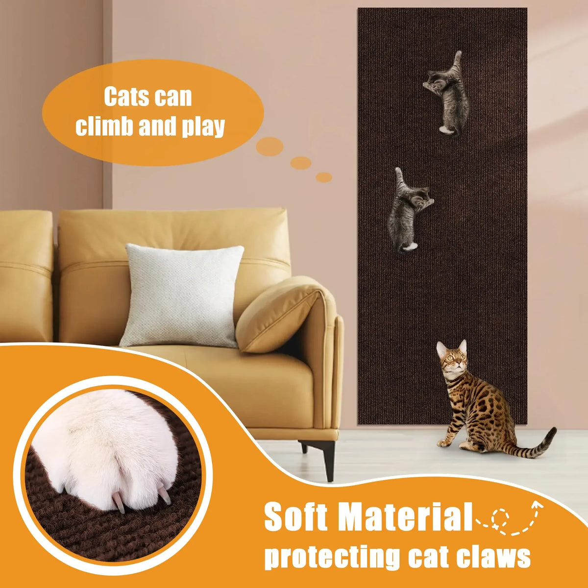 A soft, self-adhesive cat scratching mat is shown protecting a sofa, with cats climbing and playing on a dark textured wall.
