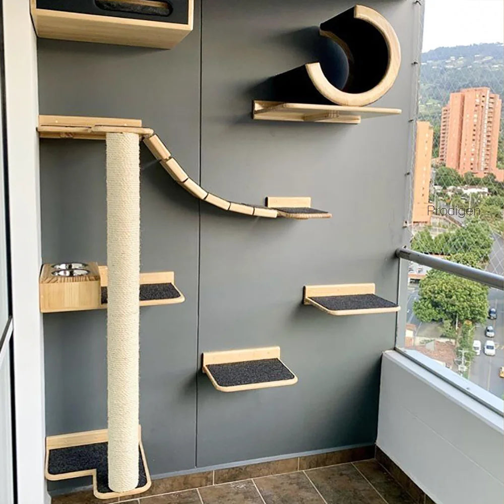 Wall-Mounted Cat Climbing Shelves with Hammock and Scratching Post