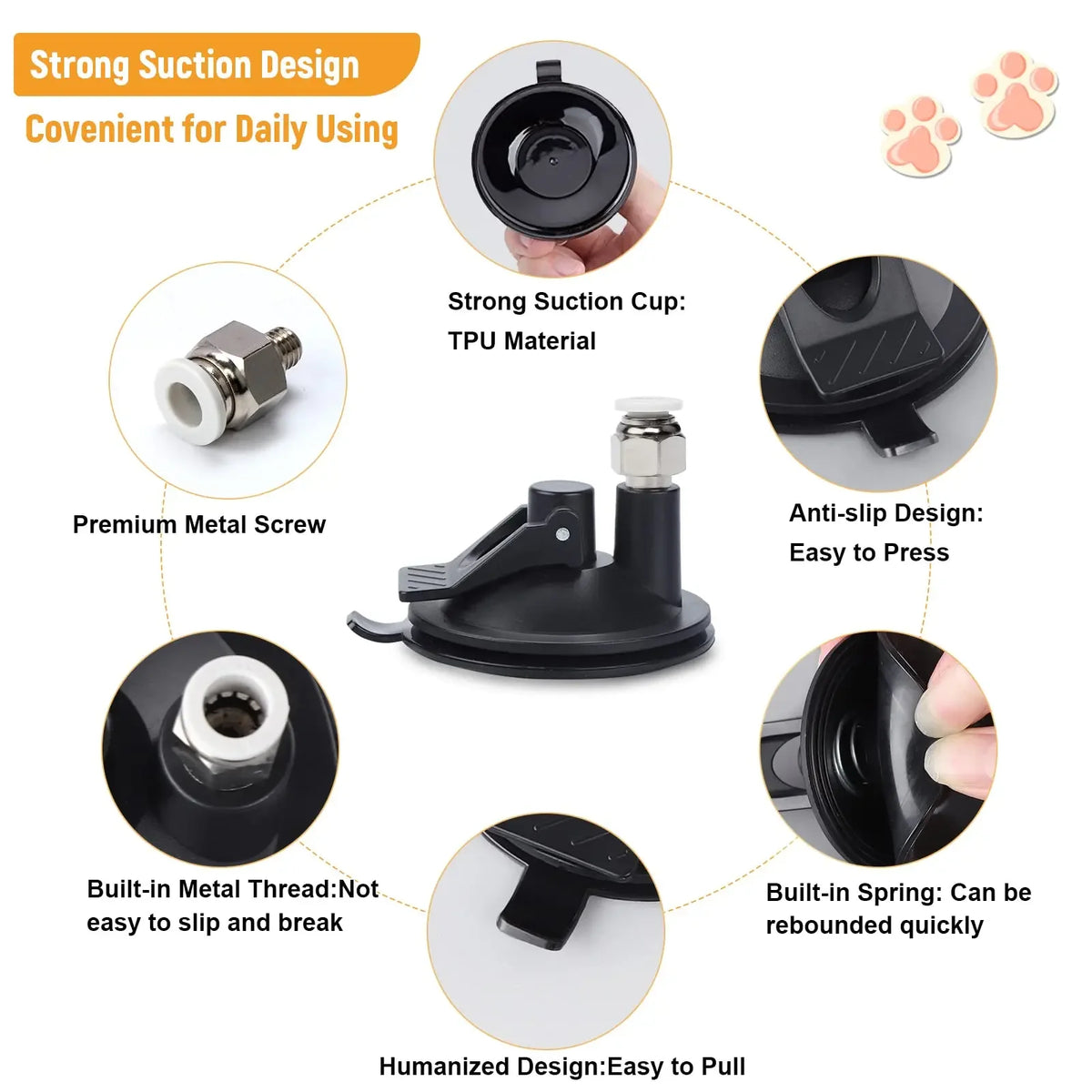 Diagram showing the features of an interactive cat feather wand toy including a strong suction cup, metal screw, anti-slip de