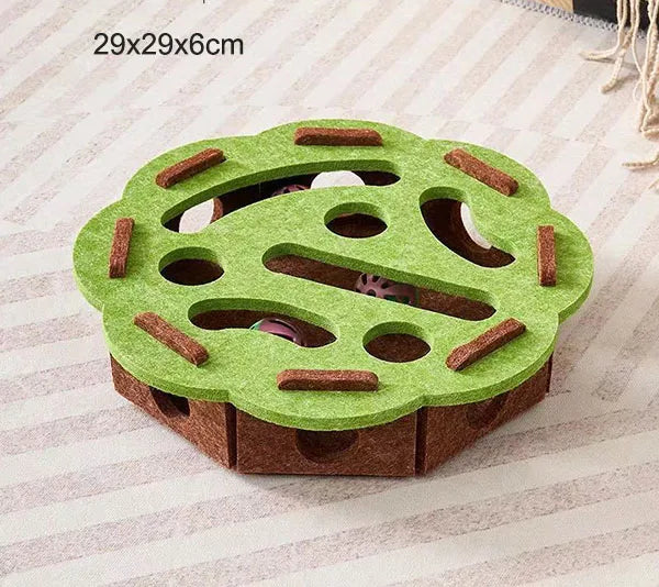 Puzzle de labyrinthe en feutre vert pour chats avec trous et cloche
