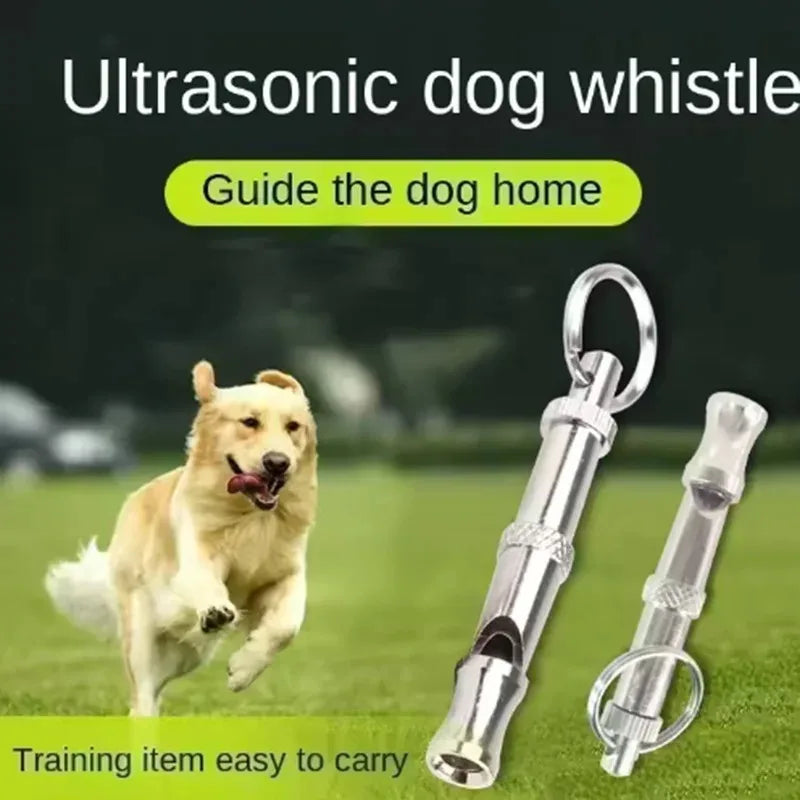 Stainless steel ultrasonic dog whistle for training, shown with a dog in a grassy outdoor setting.