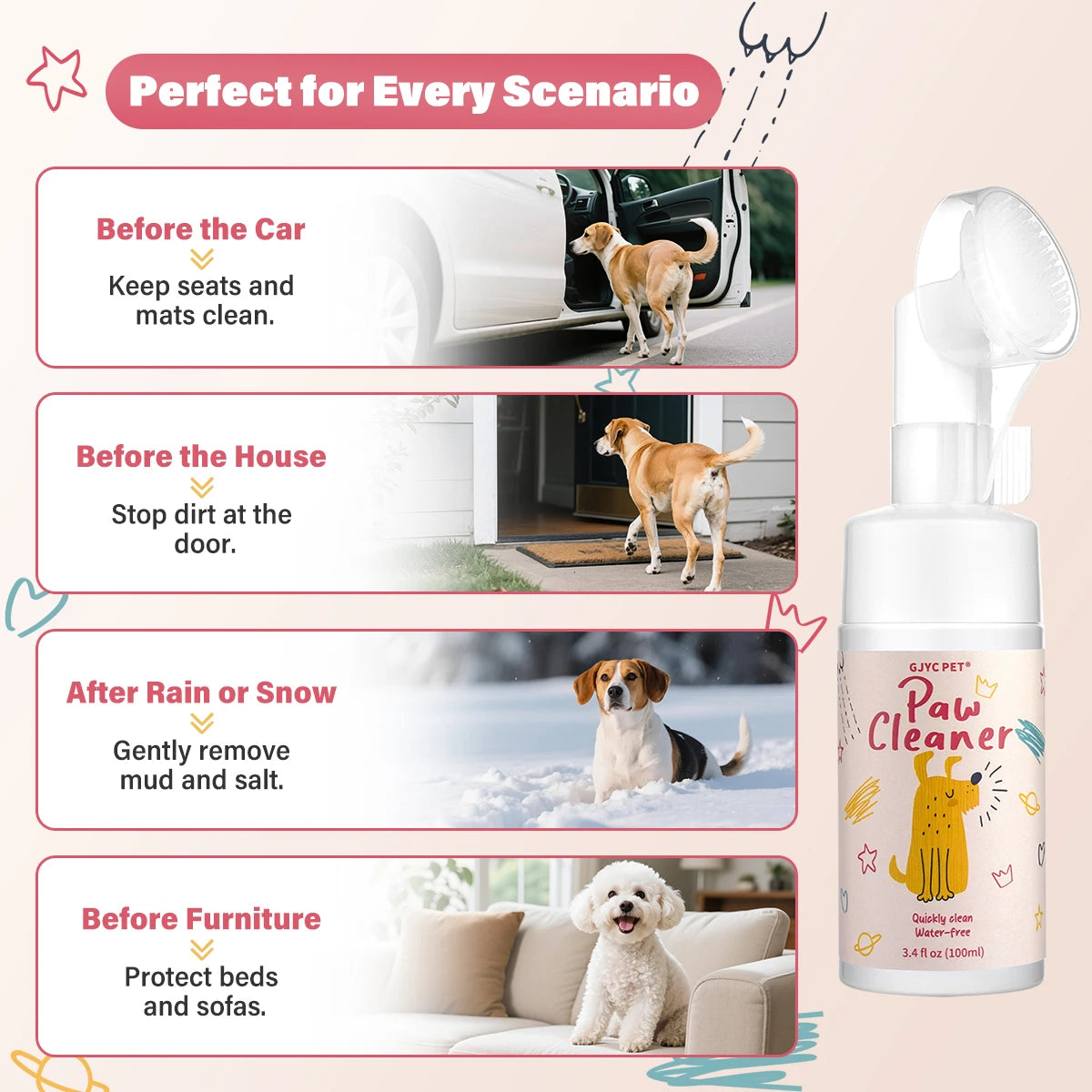 Eine Flasche Paw Cleaner Schaum für Haustiere mit verschiedenen Reinigungsszenarien.