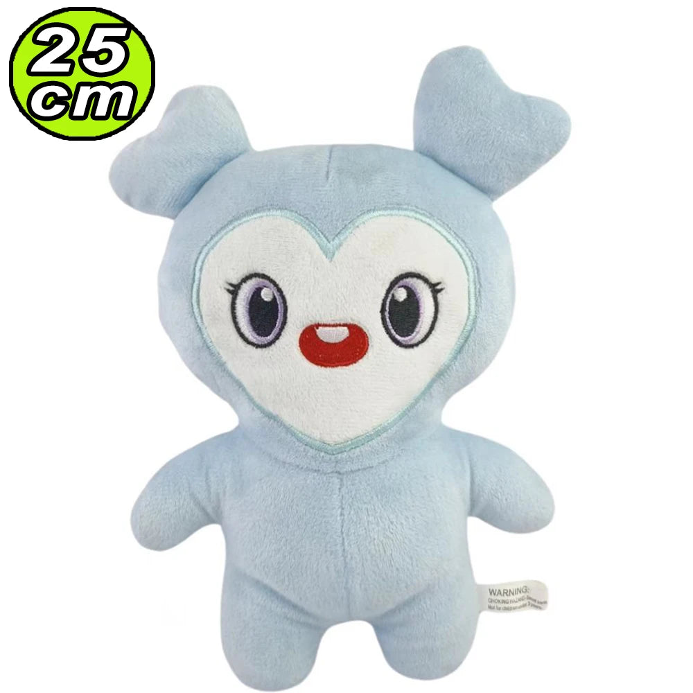 Light blue plush toy shaped like a cute animal with a heart design on its face