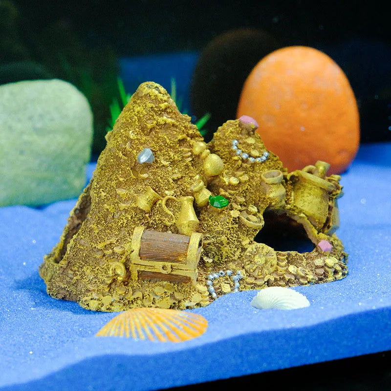 A golden mountain cave hideout decoration featuring a treasure chest design on blue fabric.