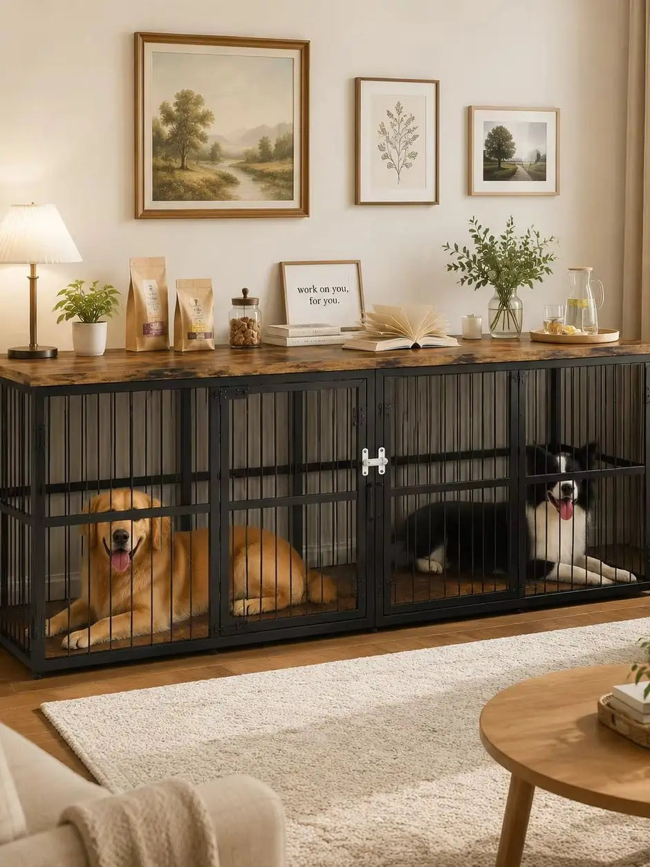 Extra Large Wooden Double Dog Crate with Divider and 3 Doors