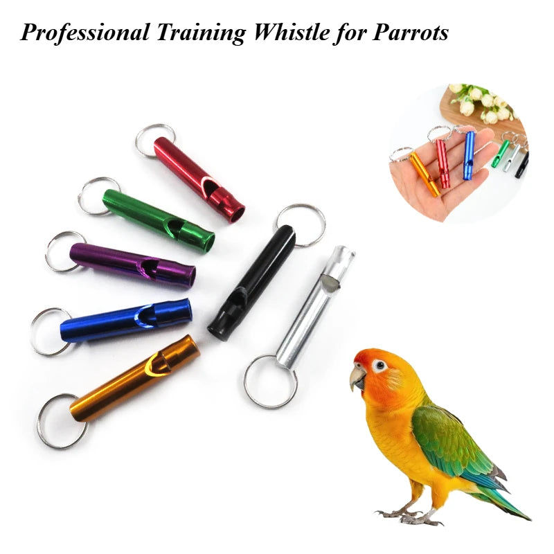 A collection of professional training whistles for parrots in various colors and materials, shown next to a yellow parrot.