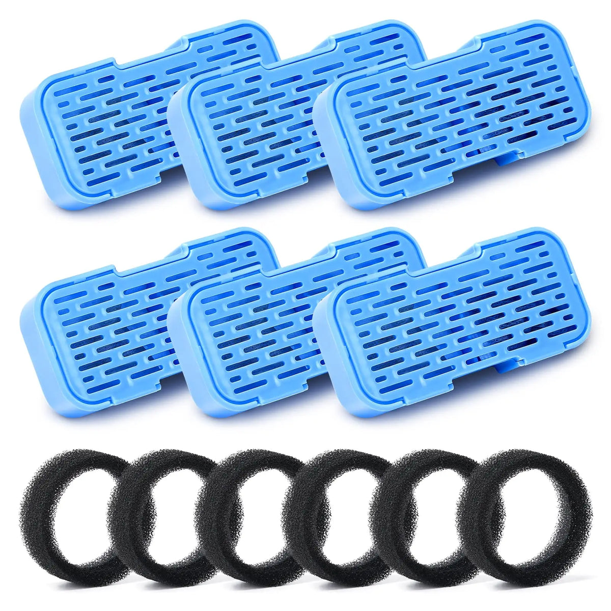 Blue pet water fountain with multiple silicone filters and black cleaning rings