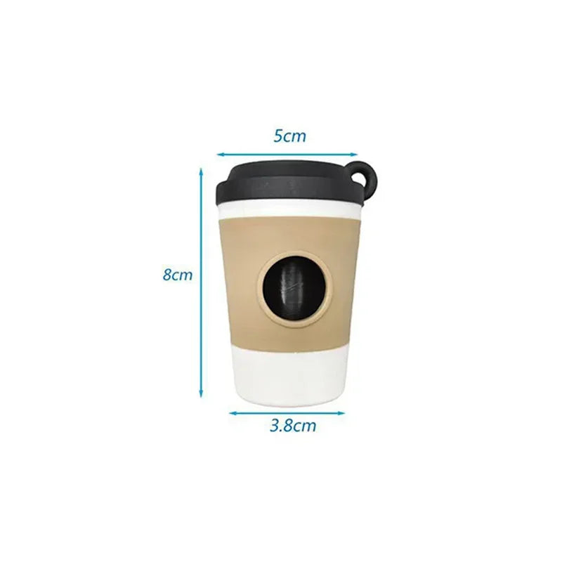 A beige and black portable pet poop trash can dispenser with a wide opening.
