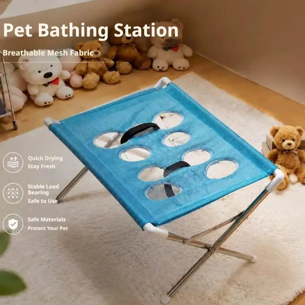 A blue pet bathing station with a mesh hammock is displayed on a white rug.