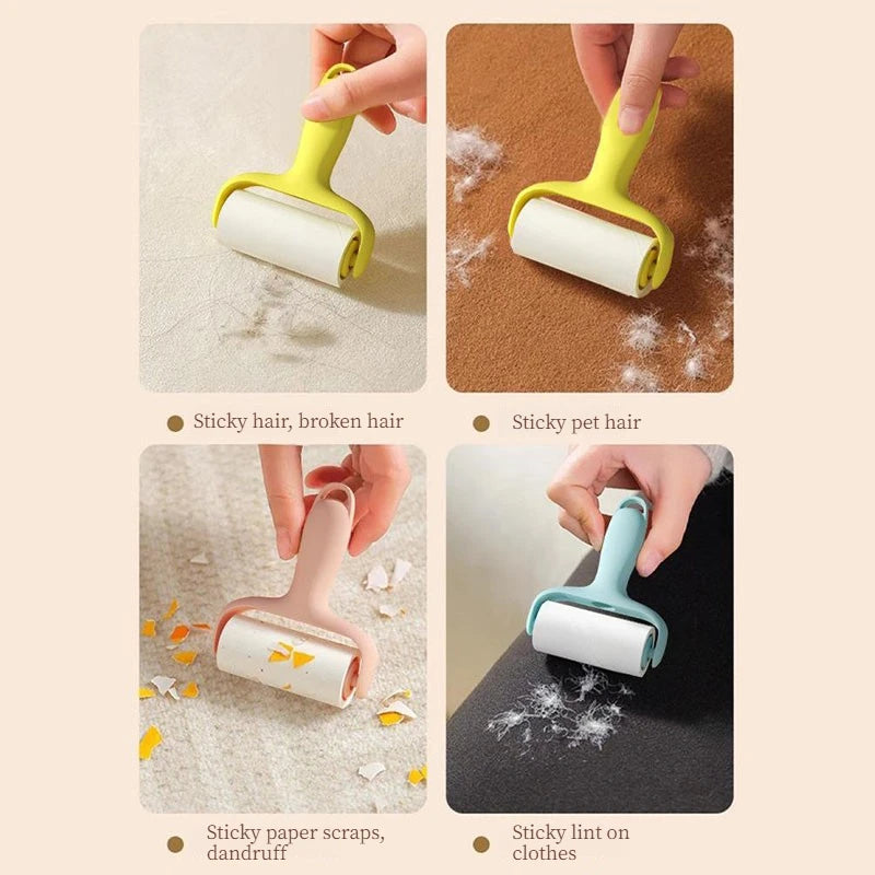 A collection of mini lint rollers showing various uses including sticky hair, pet hair, paper scraps, and lint on clothes.