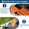 Instructions showing how to remove a plastic tray from a metal box and rinse it with a garden hose.