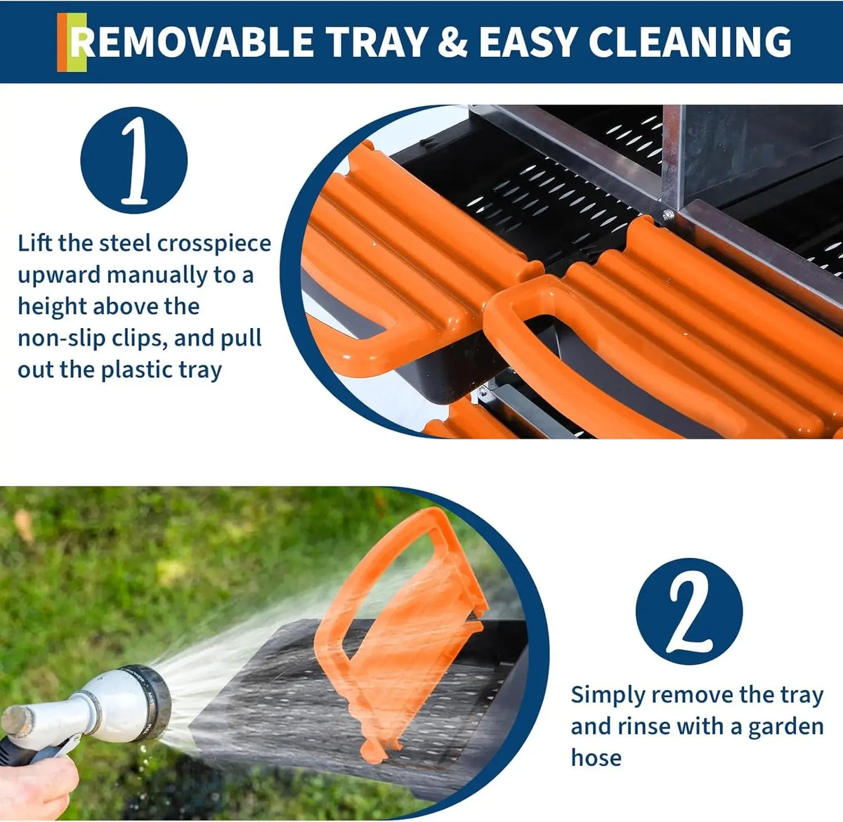 Instructions showing how to remove a plastic tray from a metal box and rinse it with a garden hose.