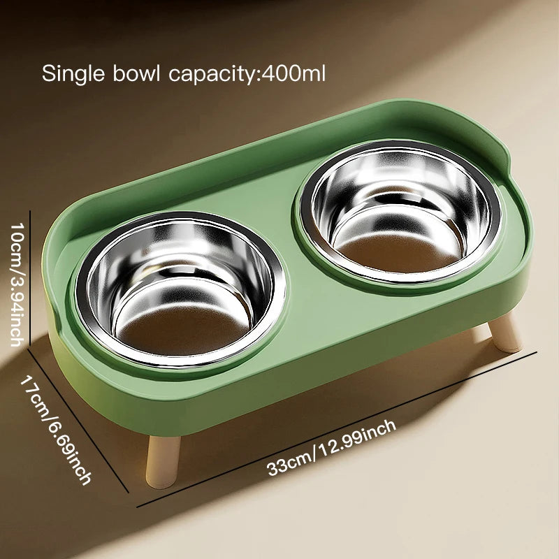 A light green elevated ceramic double pet bowl with two individual bowls and adjustable height markings.