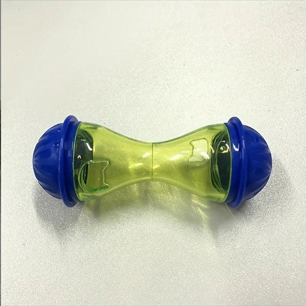 A bright green and blue plastic ball toy for pets, shaped like a feeding dispenser.