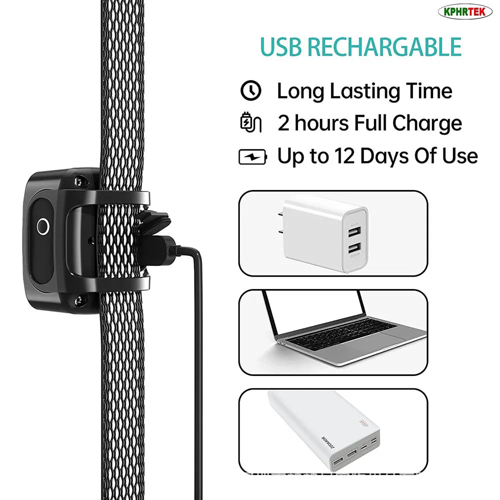 A black USB rechargeable dog collar is shown attached to a leash, with diagrams illustrating its use and charging.