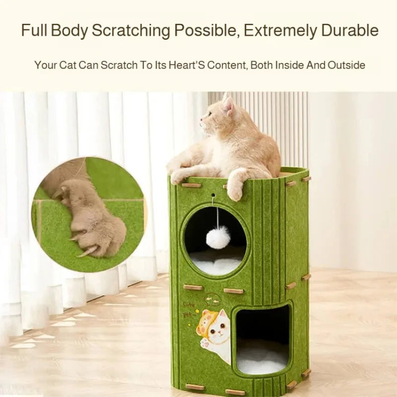 A green double-enclosed cat house with a scratching board is shown next to a cat and an illustration of a cat scratching.