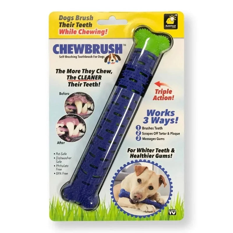 A package of chewbrush for dogs with rubber cleaning bristles shown against a green background.