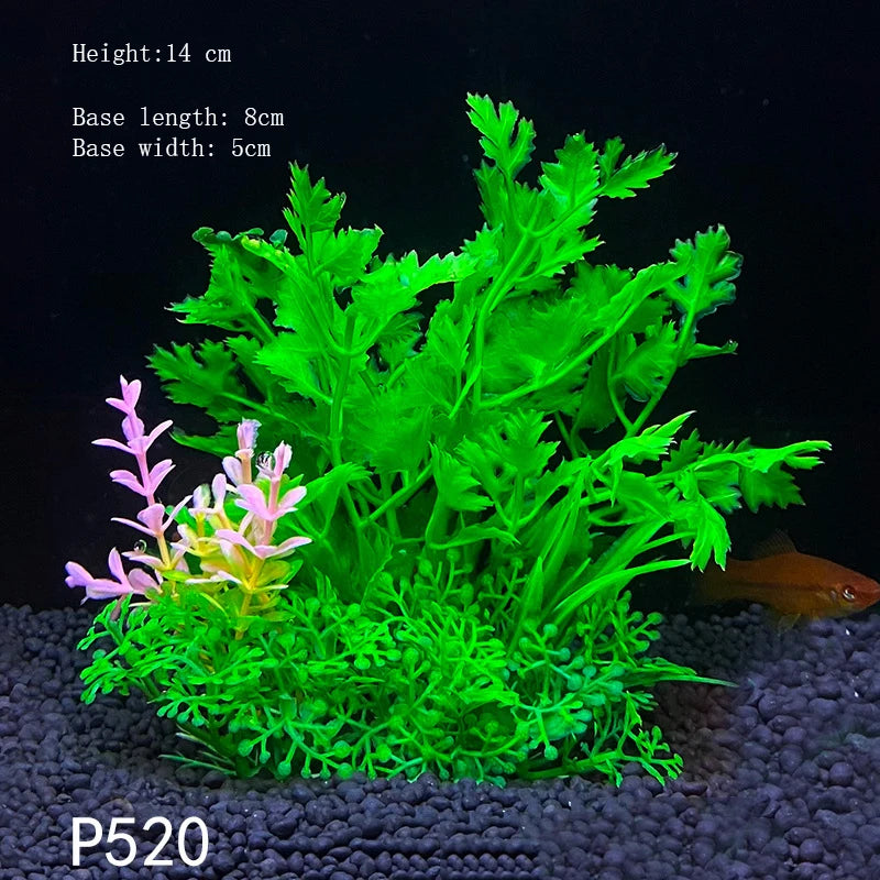 A vibrant green artificial aquatic plant with a dense growth pattern is displayed on a dark substrate.
