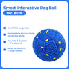 A bright blue interactive dog ball with yellow accents, designed for medium and large breeds.