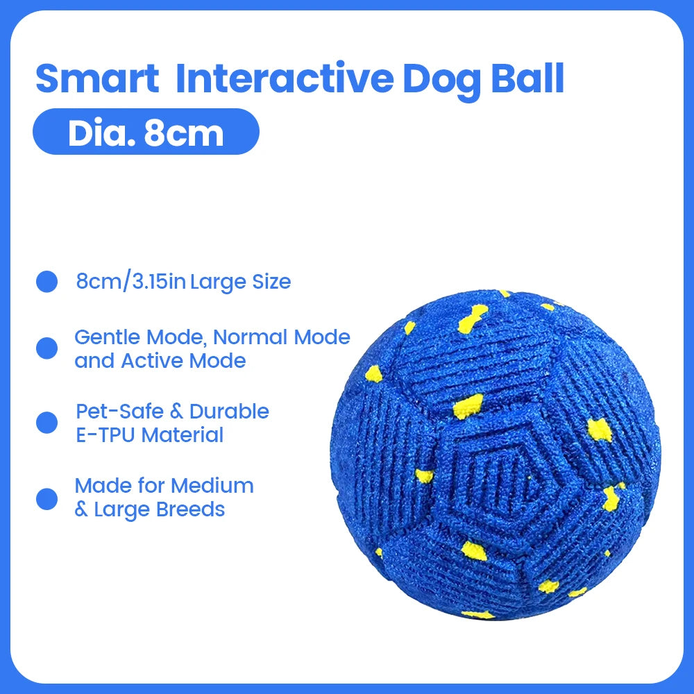 A bright blue interactive dog ball with yellow accents, designed for medium and large breeds.
