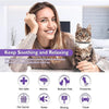 A woman is gently petting a tabby cat while looking at the camera, demonstrating a pet pheromone calming collar for dogs.