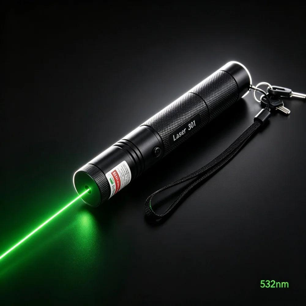 A black laser pointer pen emitting a green beam, labeled 532nm.