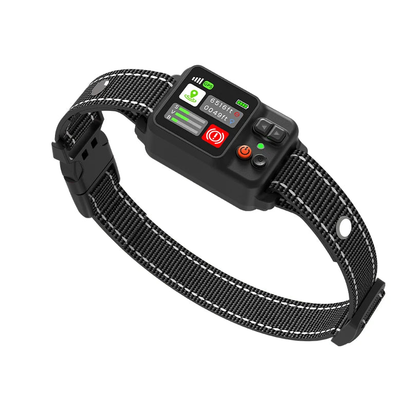 A black GPS dog wireless fence training collar with a strap and electronic display.