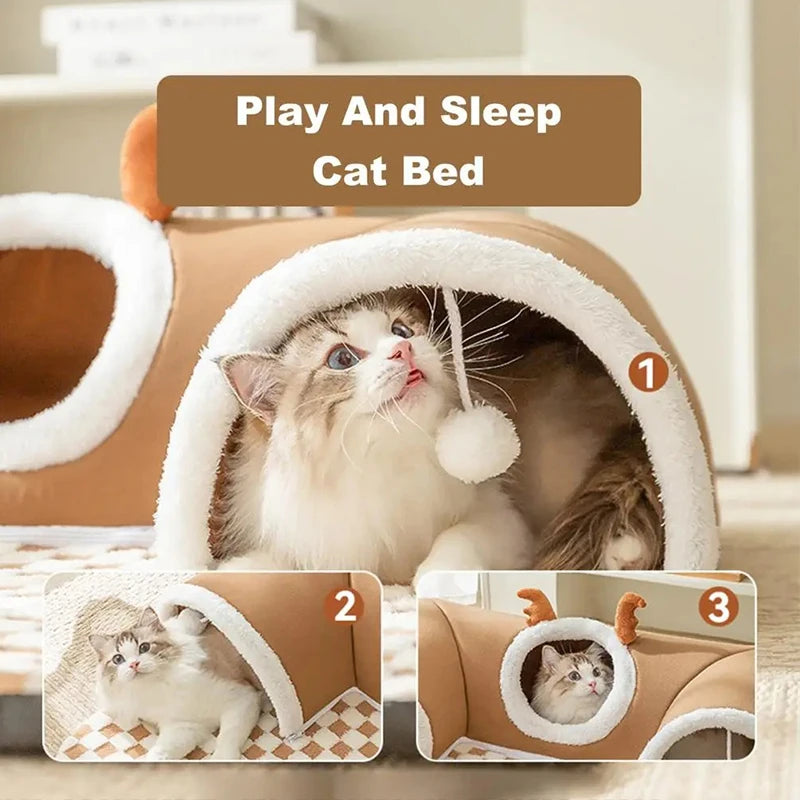 A plush cat bed with a reindeer tunnel, showing the interior and exterior of the bed.