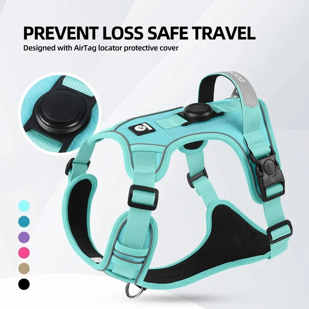 A teal dog harness designed to protect an AirTag locator, shown against a white background.