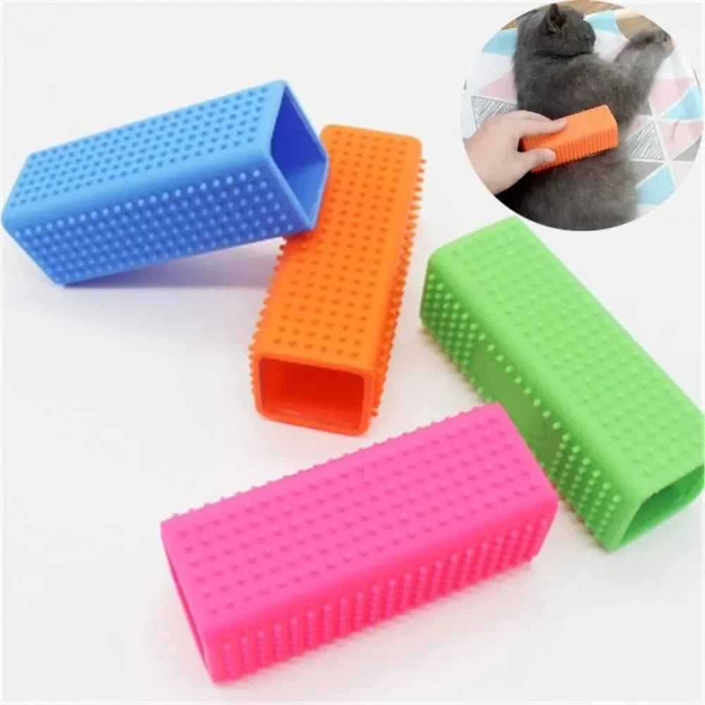 Colorful silicone pet hair remover brushes in blue, orange, green, and pink are shown next to a cat.
