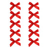 Four red ribbon bow hair clips arranged vertically.