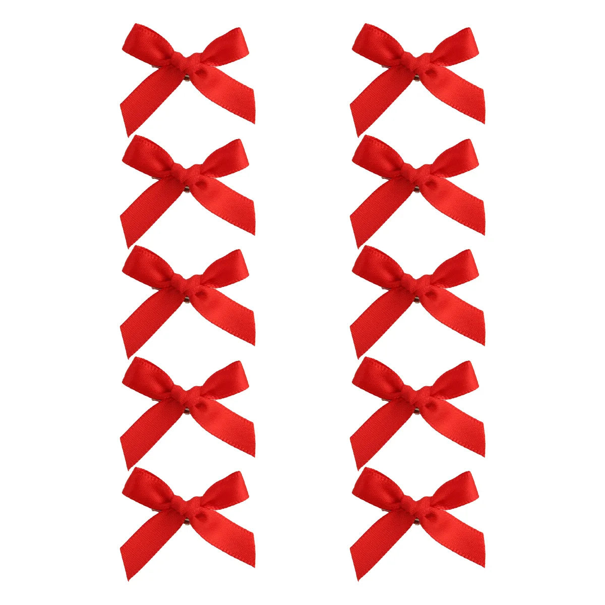 Four red ribbon bow hair clips arranged vertically.