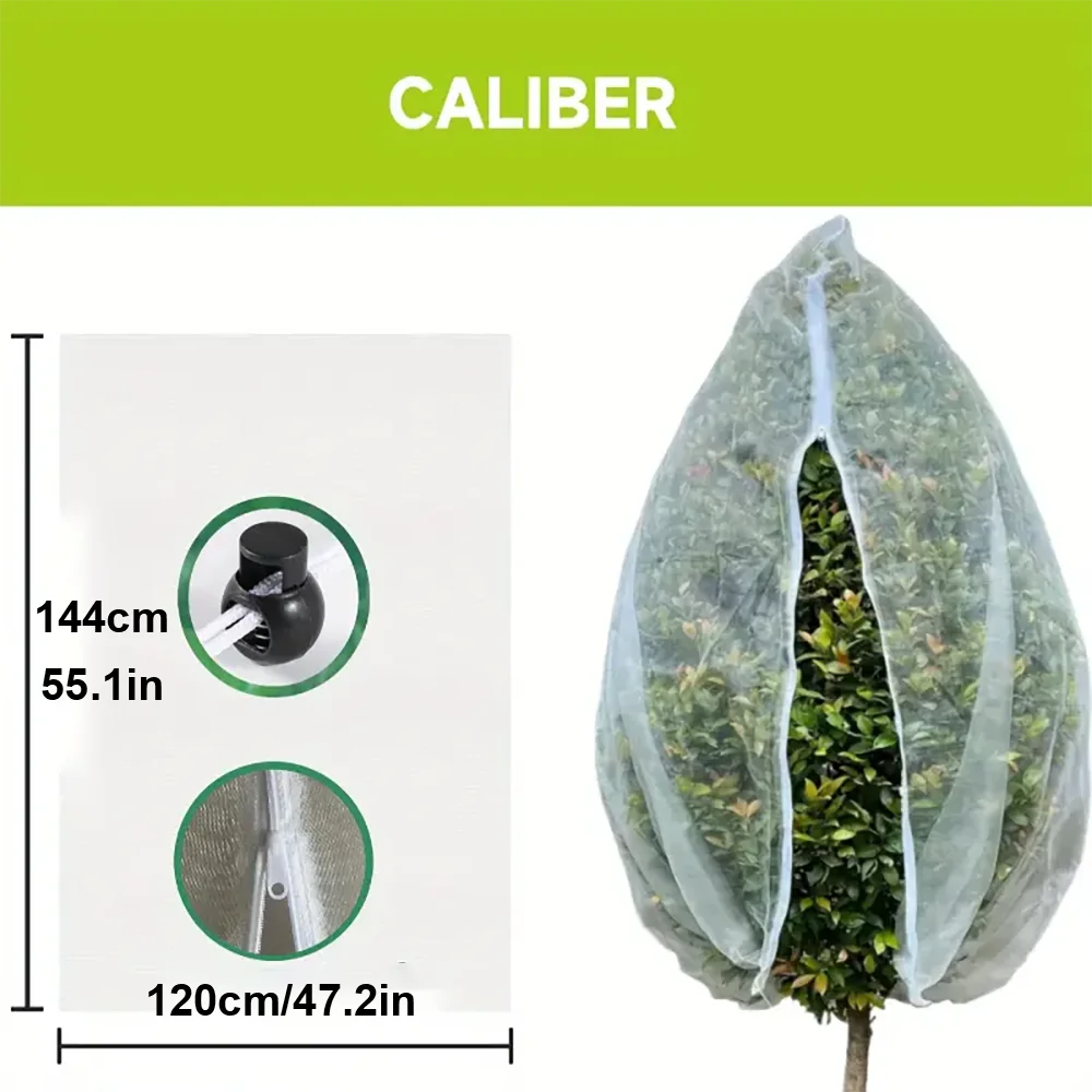 Extra-thick garden netting with a zipper and drawstring for bird and insect protection.