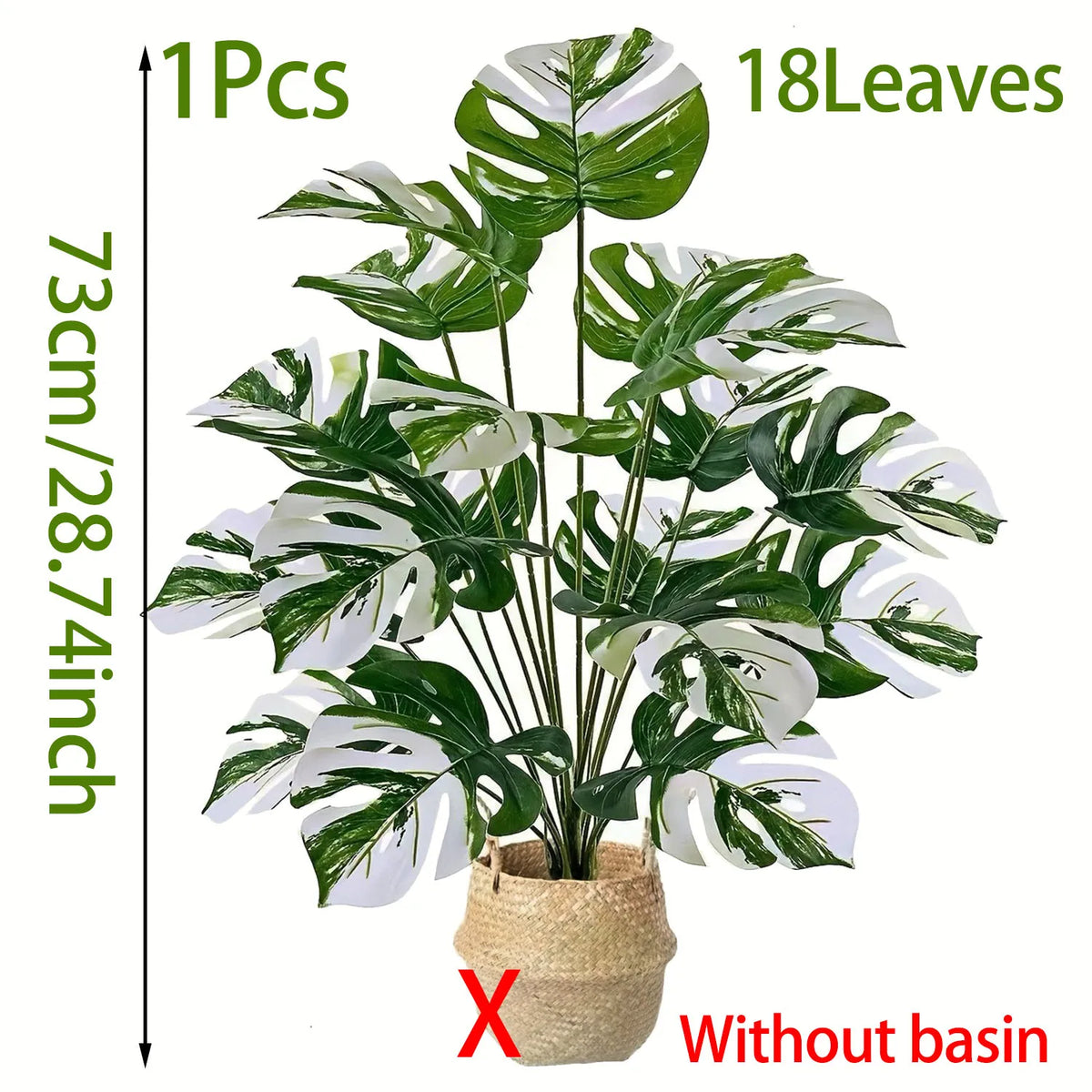 Artificial Monstera plant with 18 variegated green and white leaves, sold without a decorative basin.