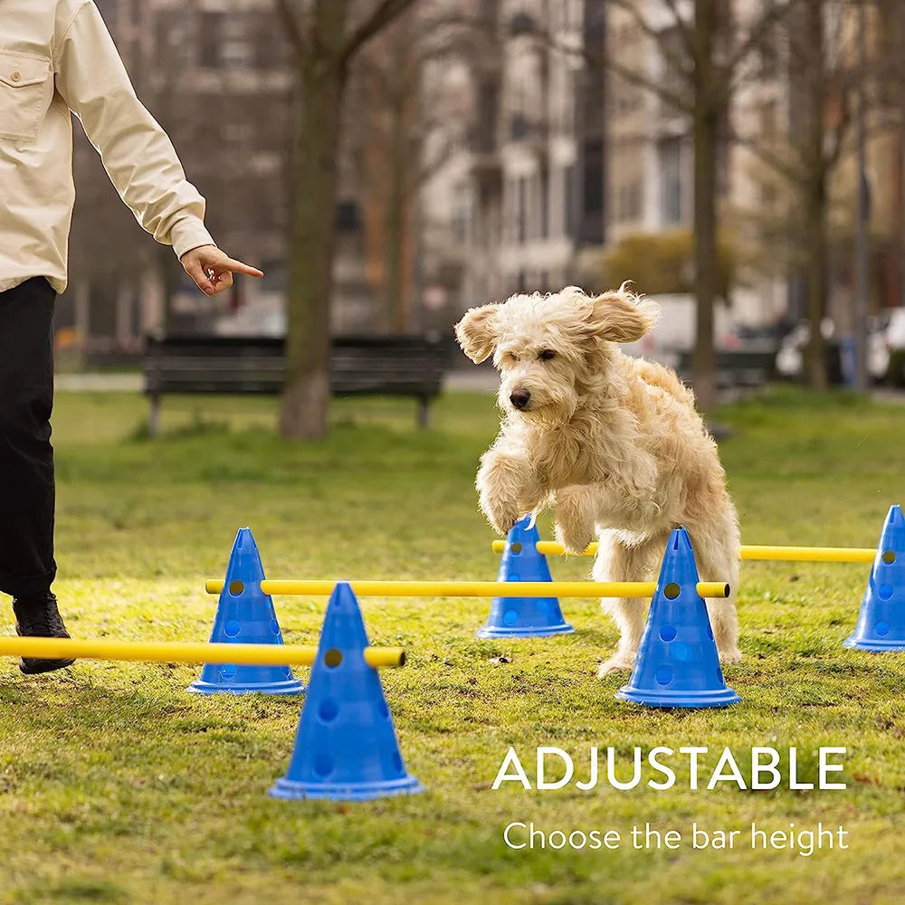 Un juego de conos de tráfico azules ajustables para entrenamiento de agilidad canina en un campo de césped.
